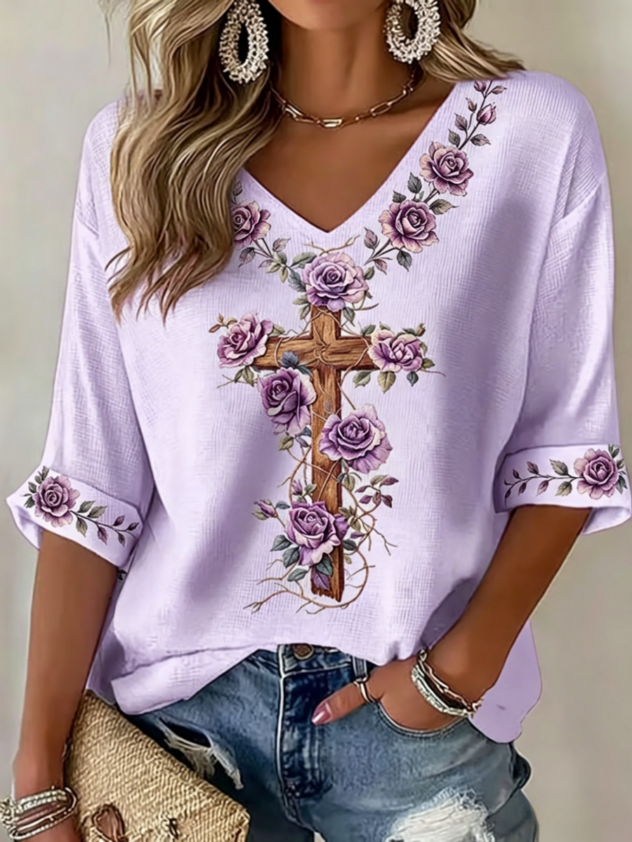 Women's faith embroidered printed top