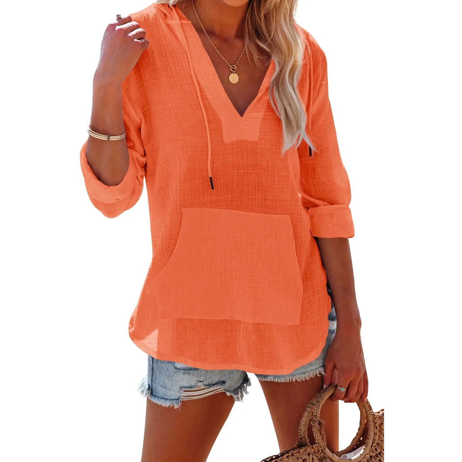 Women's Beach Cover Up hoodies sweatshirt Long Sleeve V Neck Pocketed Hooded Shirt Top