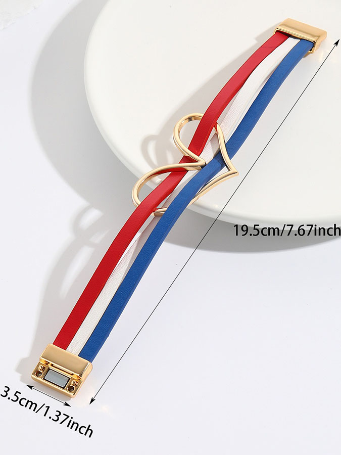 Unisex American Independence Day Flag, Red, White, Blue Color Scheme, Leather, Big Heart Magnetic Buckle Bracelet