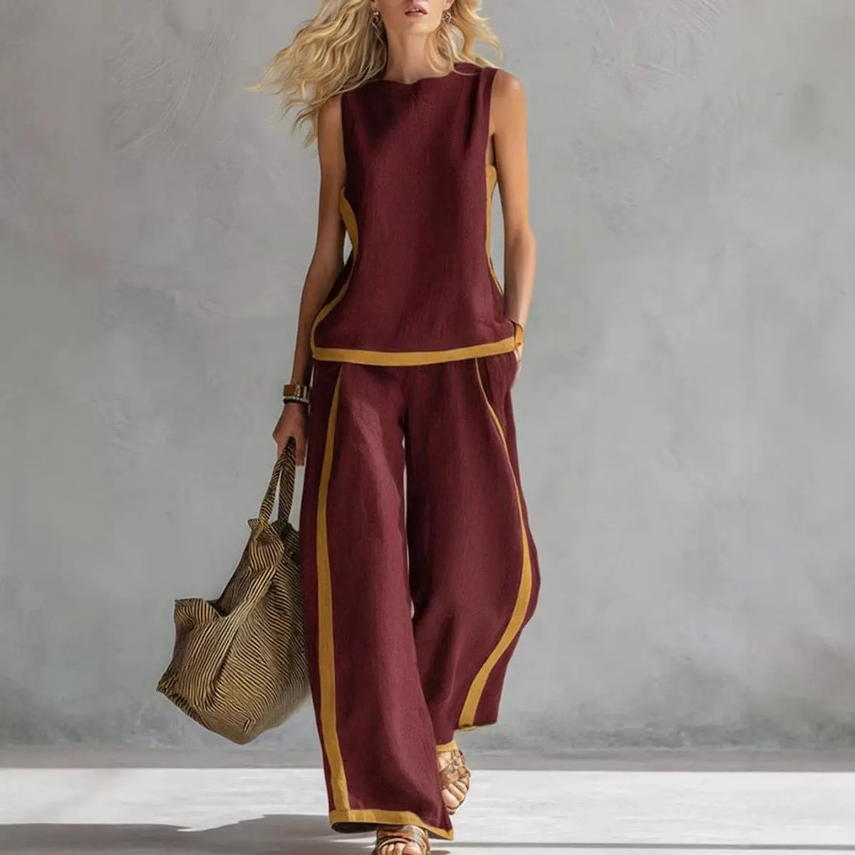 Women's Color Block 2-Piece Set – Sleeveless Top & Wide Leg Pants Summer Outfit