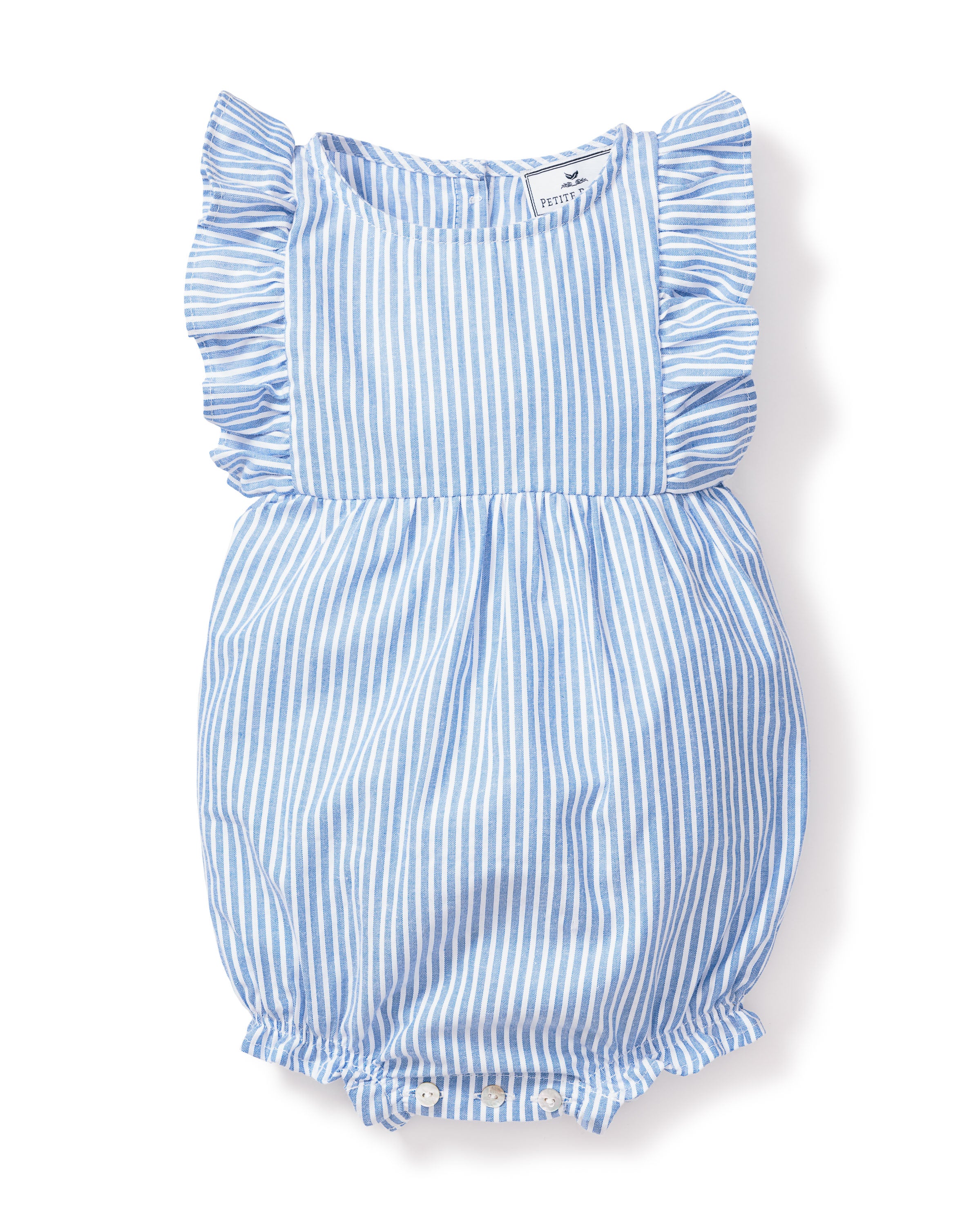 Baby's Twill Ruffled Romper in French Blue Heritage Stripe