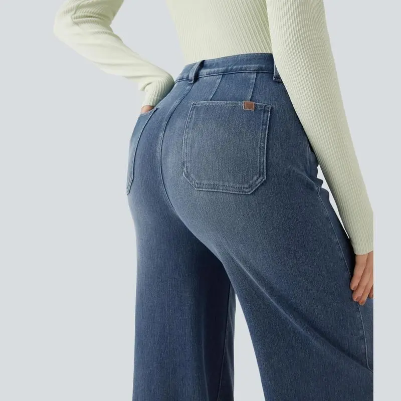 High Waisted Tummy Control Wide Leg Casual Jeans with Pockets