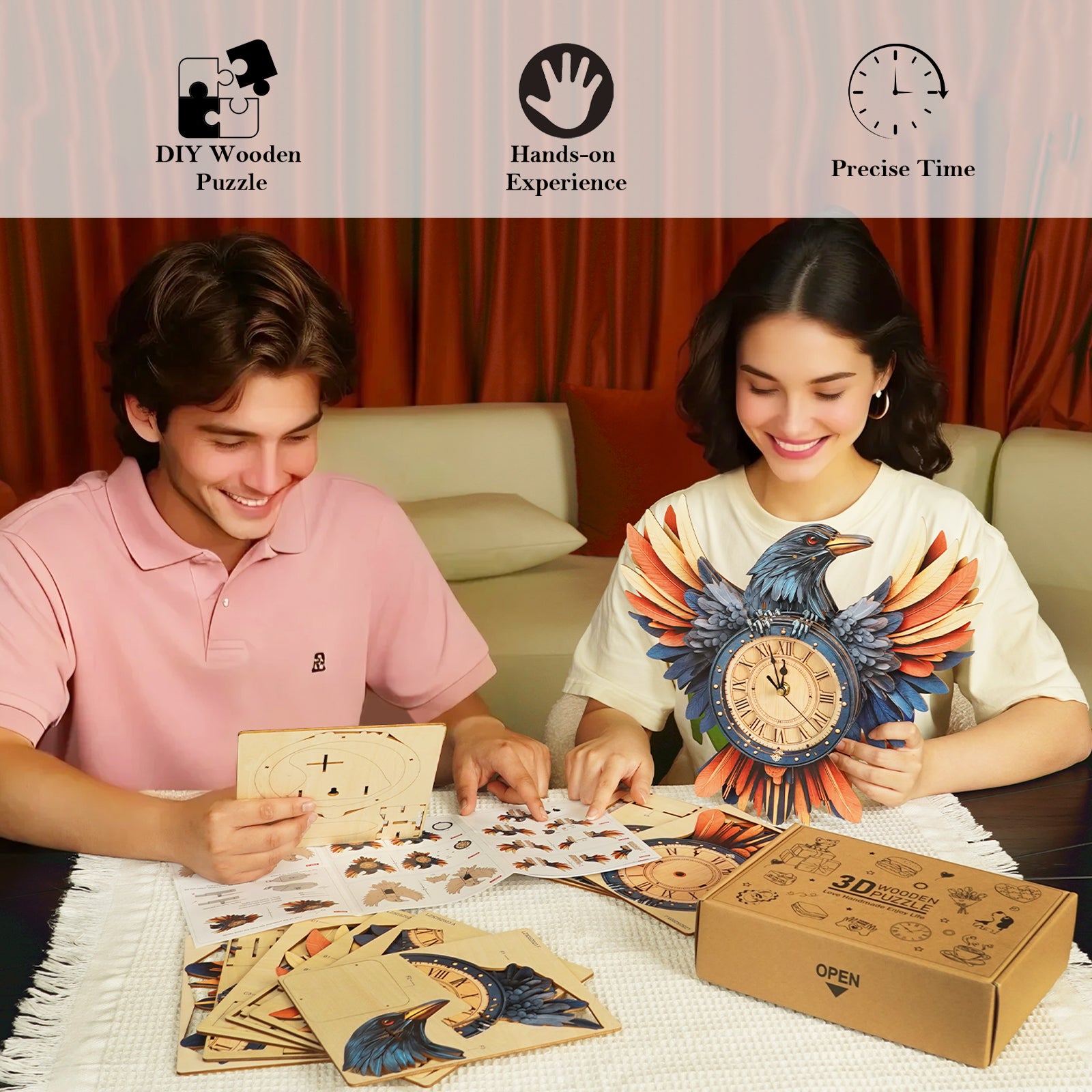 Raven– DIY Wooden Clock, 3D Puzzle Craft Kit