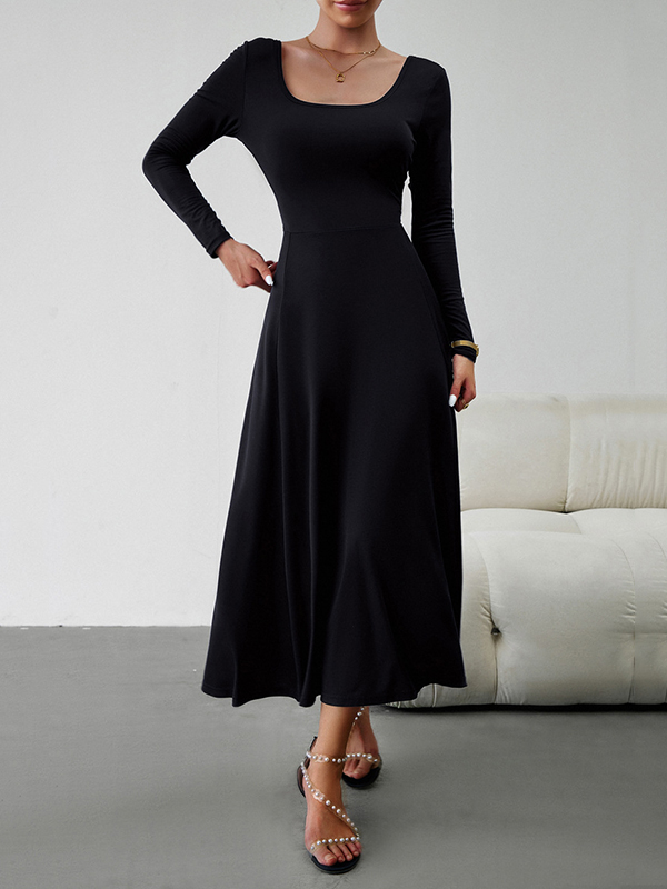 Solid Color Tied Waist A-Line High Waisted U-Neck Midi Dresses