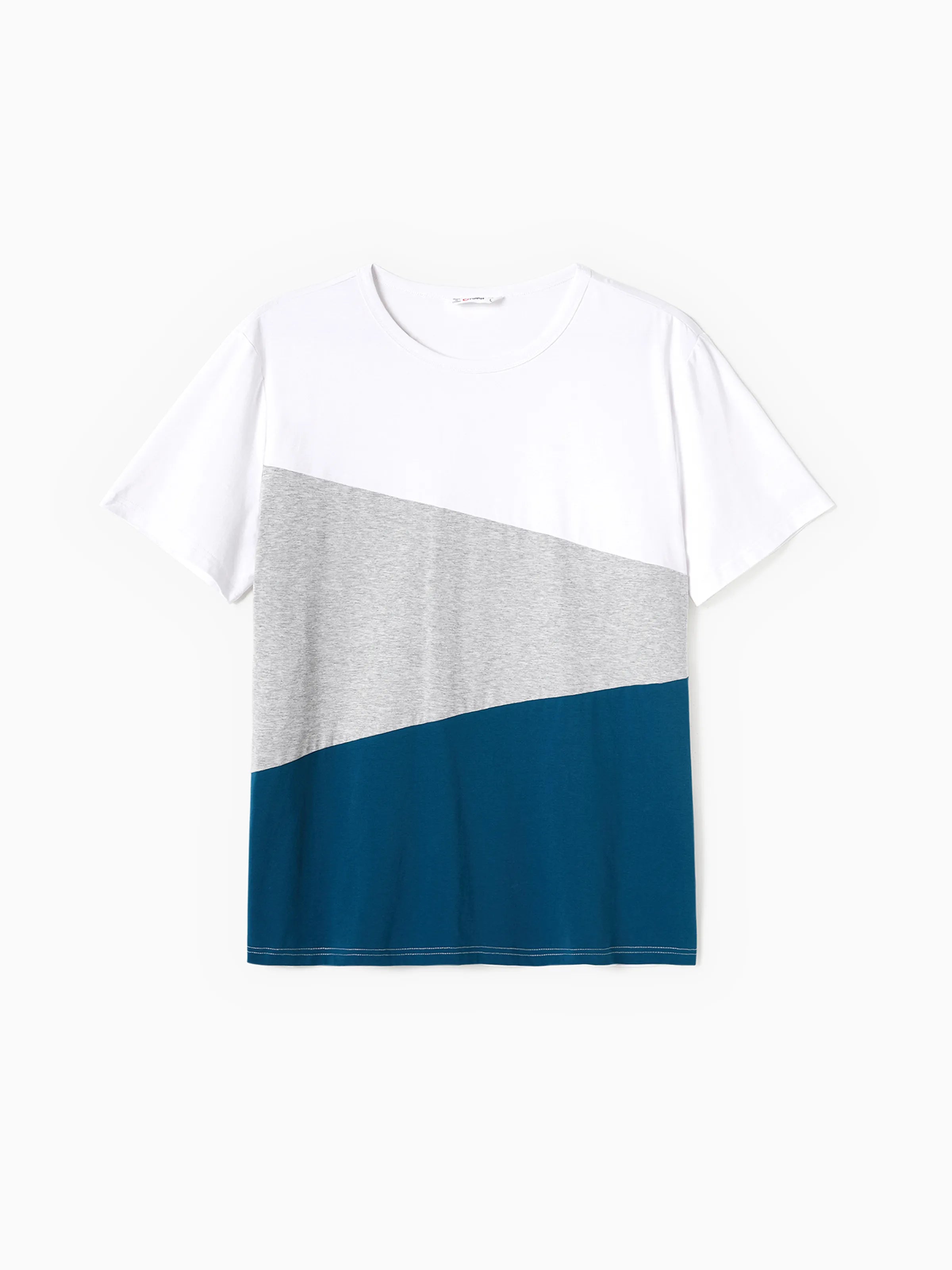 Family Matching Solid V Neck Flutter-sleeve Splicing Floral Print Dresses and Short-sleeve Colorblock T-shirts Sets Azure-