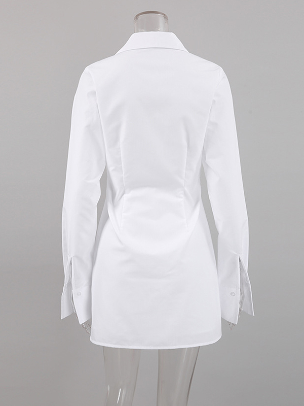 Buckle Solid Color Split-Front High Waisted Long Sleeves Lapel Mini Dresses