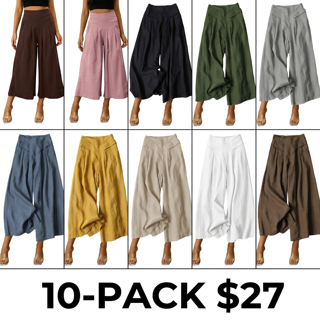 Women's Cotton Linen Wide Leg Culottes – Elastic Waist, Pockets, Minimalist Casual Capri Pants