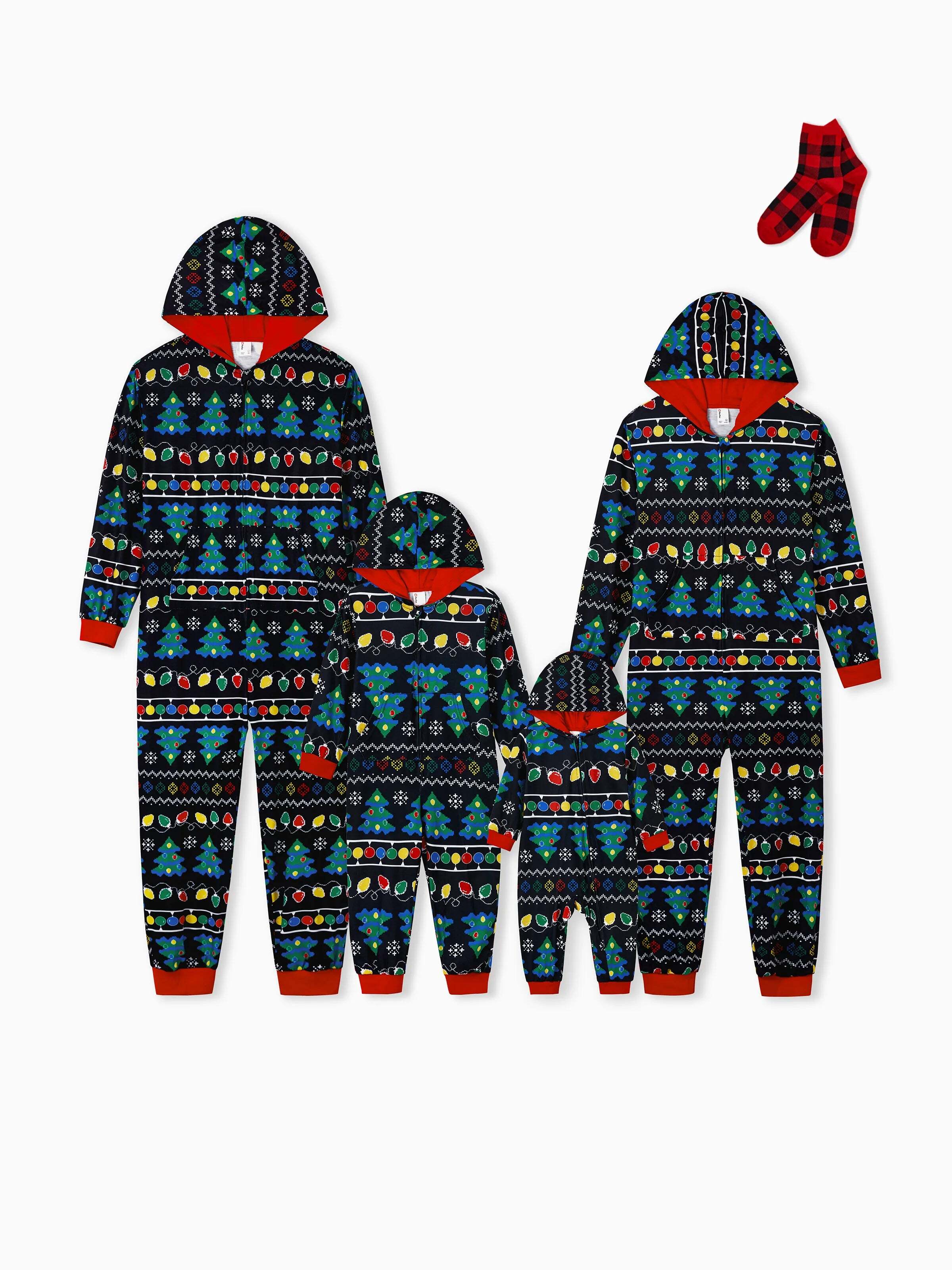 Christmas Onesies Matching Family Pajamas Set Christmas Tree Print PJS with Christmas Socks Black