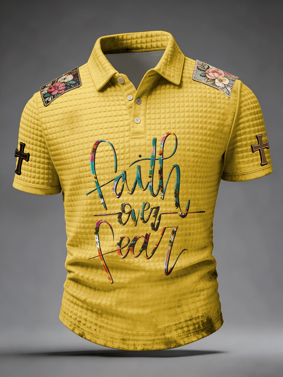 Faith Over Fear Floral Patch Waffle Knit Polo Shirt