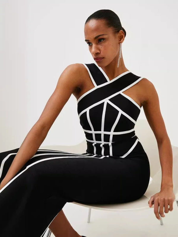 Halter Neck Contrast Black And White Geometric Bandage Long Dress Slim Retro Stretch Dress