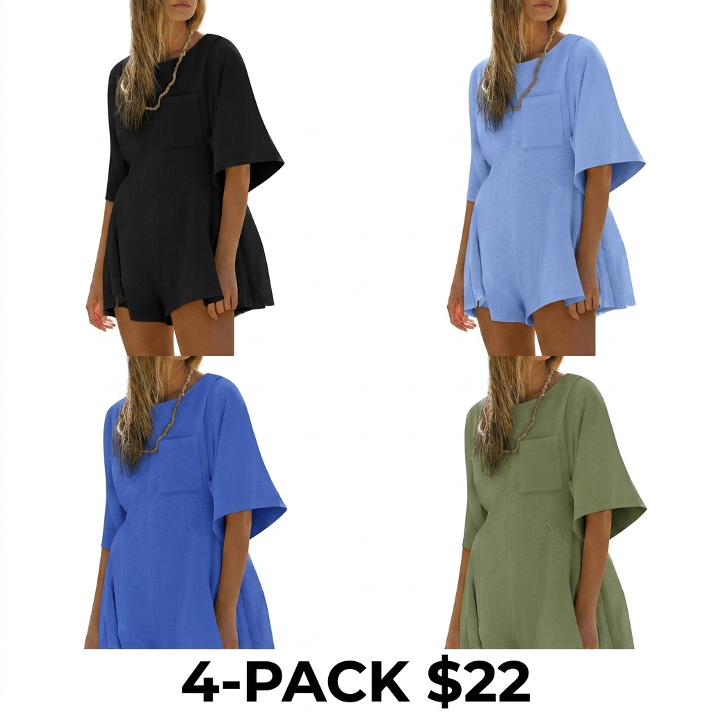 Women's Short Sleeve Loose Jumpsuit – Casual Crew Neck Romper with Pockets