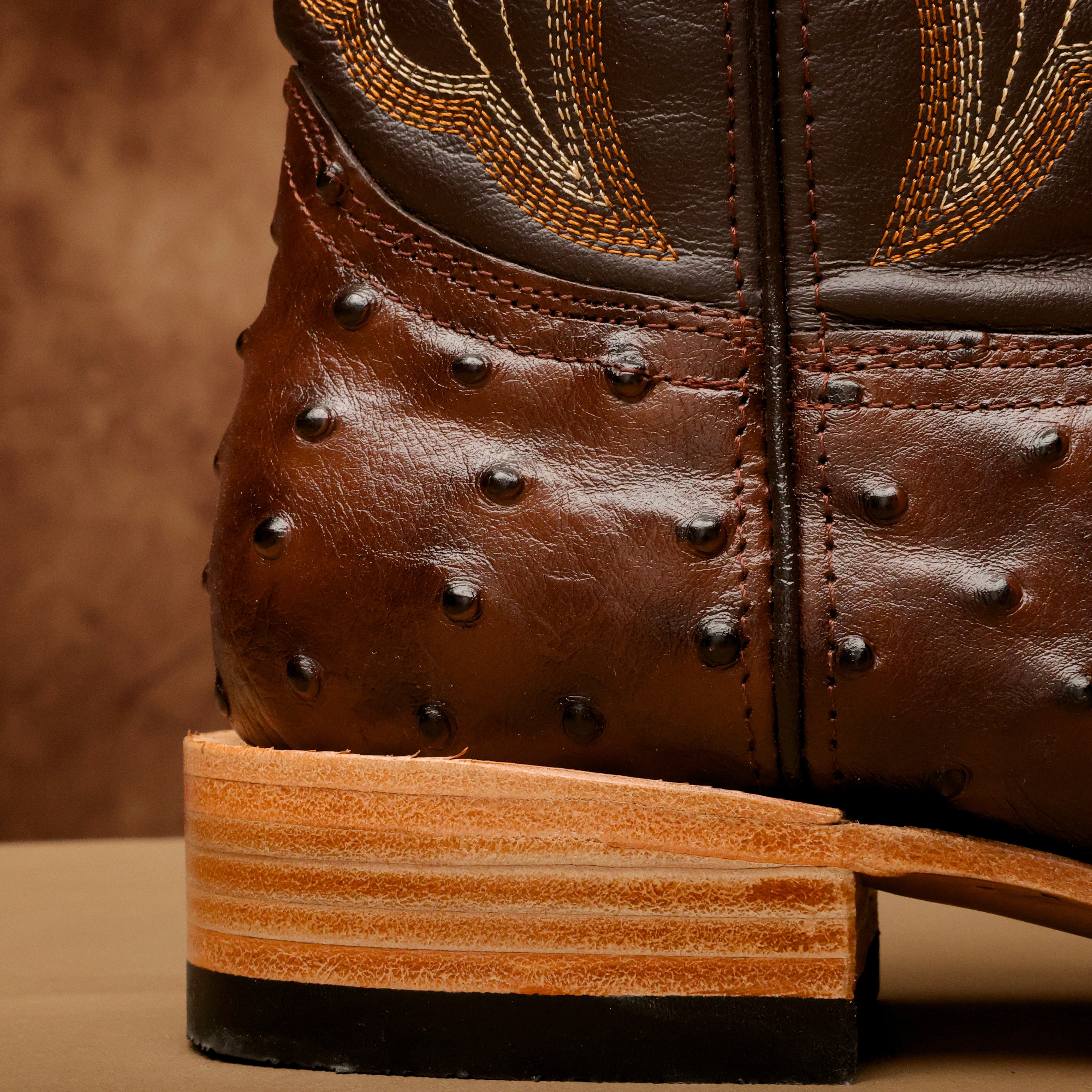 Chocolate Brown Ostrich Leather Boots - Square Toe