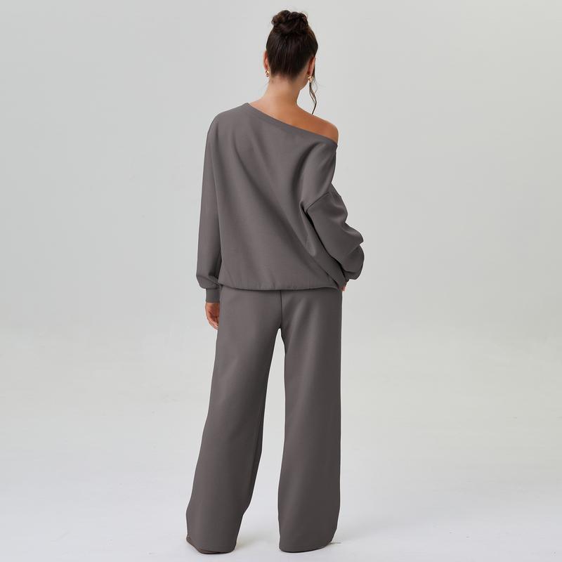 Women's Leisure Solid Color Sloping Shoulder Long Sleeve Top & Wide Leg Trousers Co-ord, Cozy Scoop Neck Loose Two Piece Outfits, Basic Womenswear