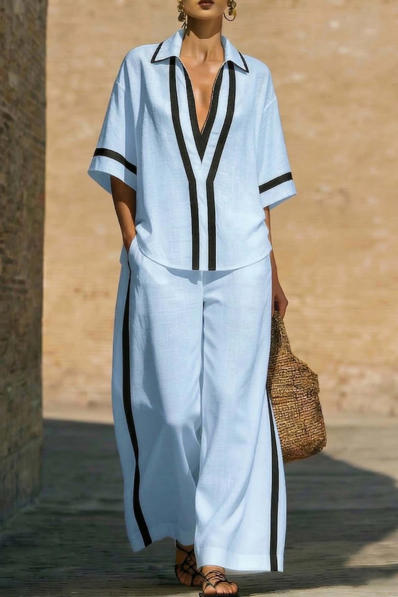 Casual Color-Blocked Short-Sleeved Shirt And Wide-Leg Pants Two-Piece Set