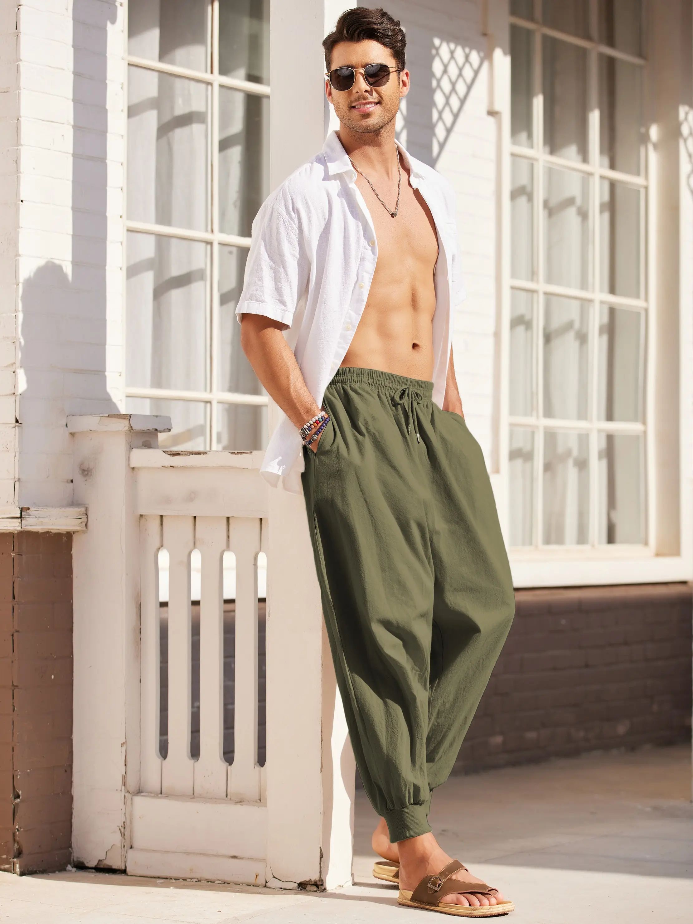 Men's Harem Pants – Baggy Drop Crotch Linen Boho Yoga Casual Trousers