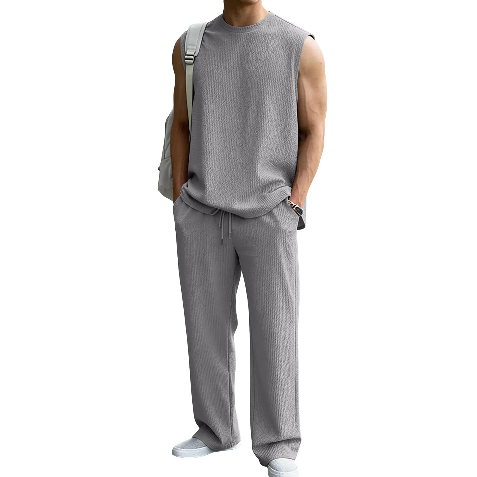 Mens 2 Piece Rib Knit Sweatsuit Summer Sleeveless Tank Top Baggy Wide Leg Pants Set Vacation Beach Outfit for Men