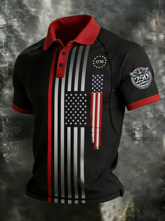 Men'S Retro American Founding Celebration Striped Flag Raglan Polo Shirt