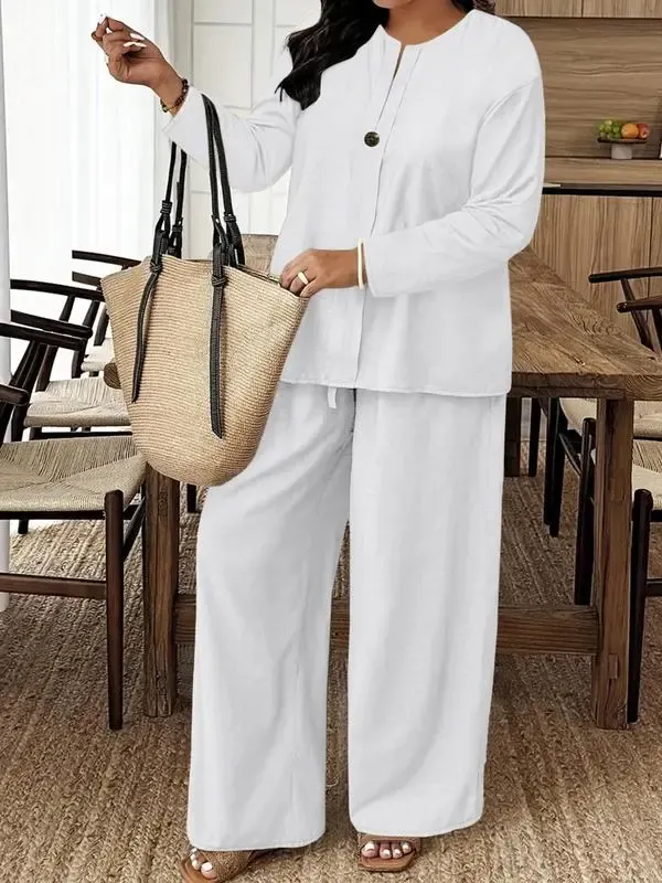🔥Women's Casual Breathable Long Sleeve Shirt and Loose Pants Two-Piece Set