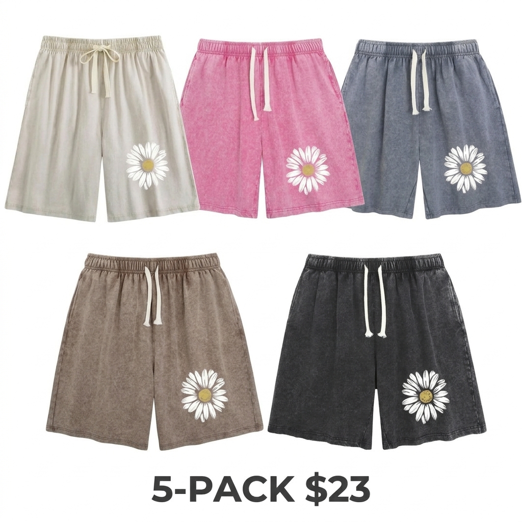 Summer Vintage Printed Acid Wash Sweat Shorts, Unisex Casual Streetwear Bottoms with Drawstring and Convenient Pockets baggy comfy