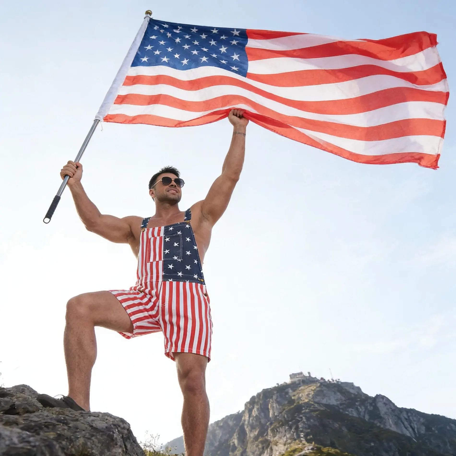 4th of July American Flag Overalls for Men and Women Unisex USA 250th Anniversary Shorts Stretchy Denim Romper Memorial Day Coveralls Patriotic Gifts Summer Wins Wear Independence Day Jumpsuits Fashion Father's Day BBQ Outdoor Menswear
