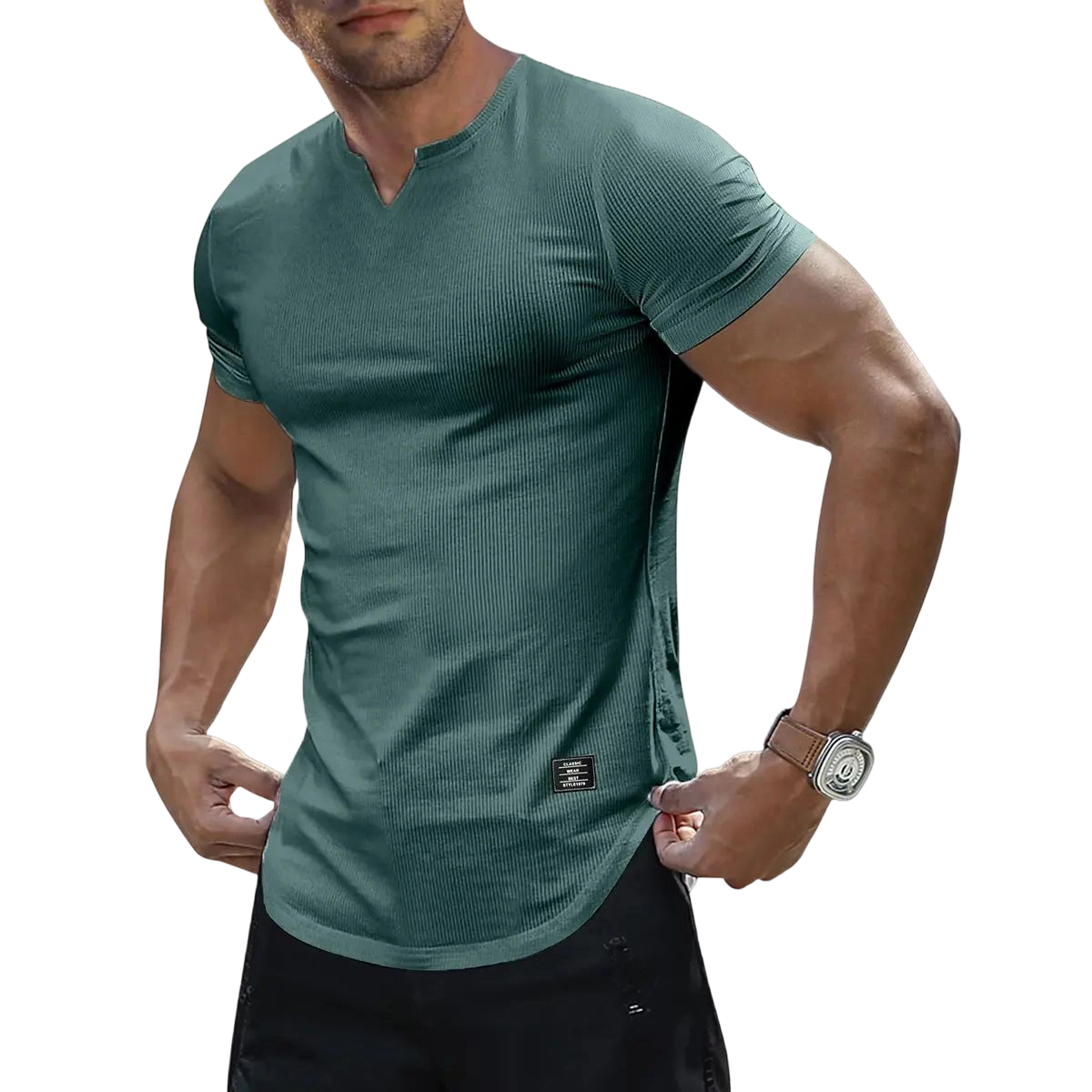 🔥Men's Plain Muscle Slim Fitted T Shirt Polyester V-Neck Longline Shirt