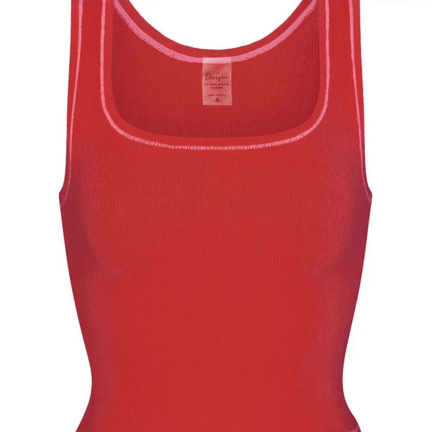 Women Rib Tank Top Padded Workout Top Square Neck Crop Tank Fitted Basic Cami Tops