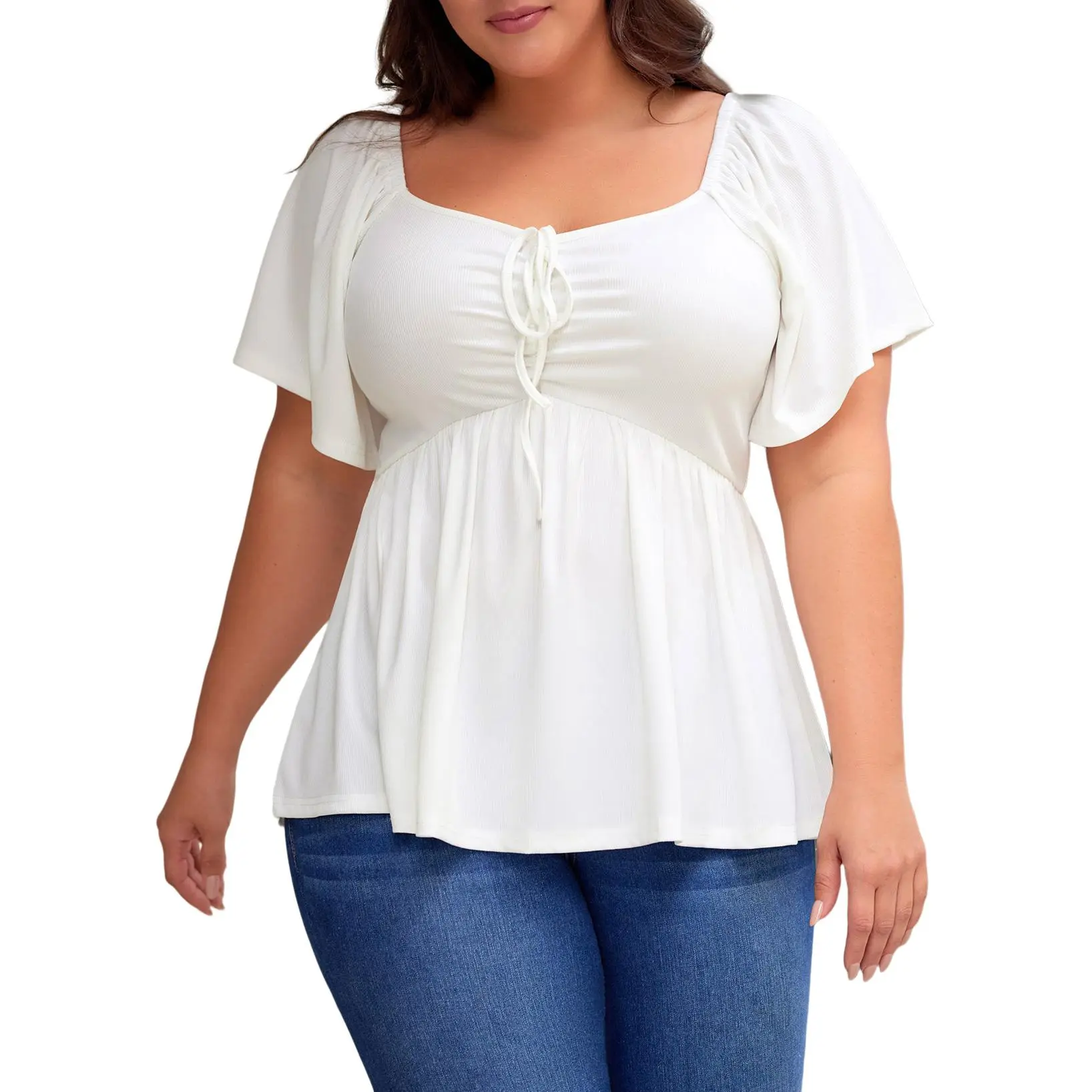 Women Sweetheart Neck Short Sleeve Shirred Peplum Rib Blouse Tops Shirts