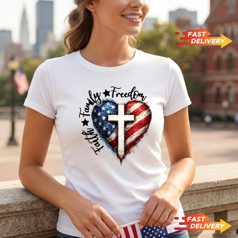 Faith Family Freedom Cross Shirt, Patriotic Christian 4th of July Tee