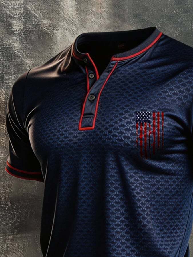 Men's Retro Patriotic Color-Block Short-Sleeve Henley T-Shirt