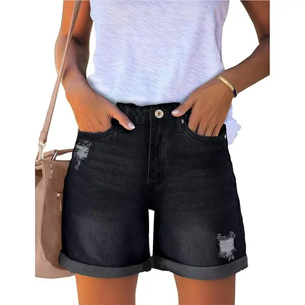 Women's Casual Distressed Denim Shorts – High-Waisted, Vintage-Wash, Cuffed Design