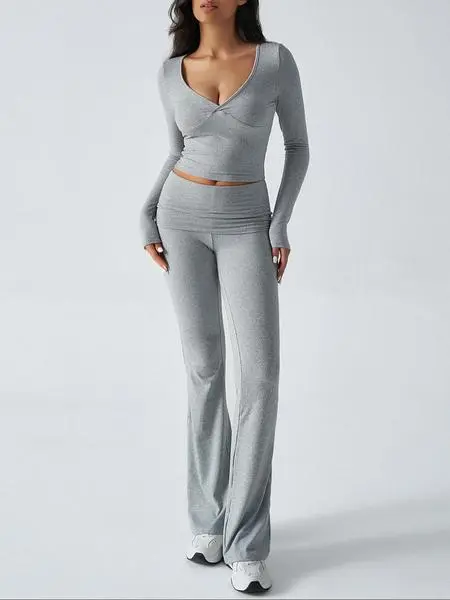 Elegant Casual V-Neck Long Sleeve Basic Two-Piece Outfit Set