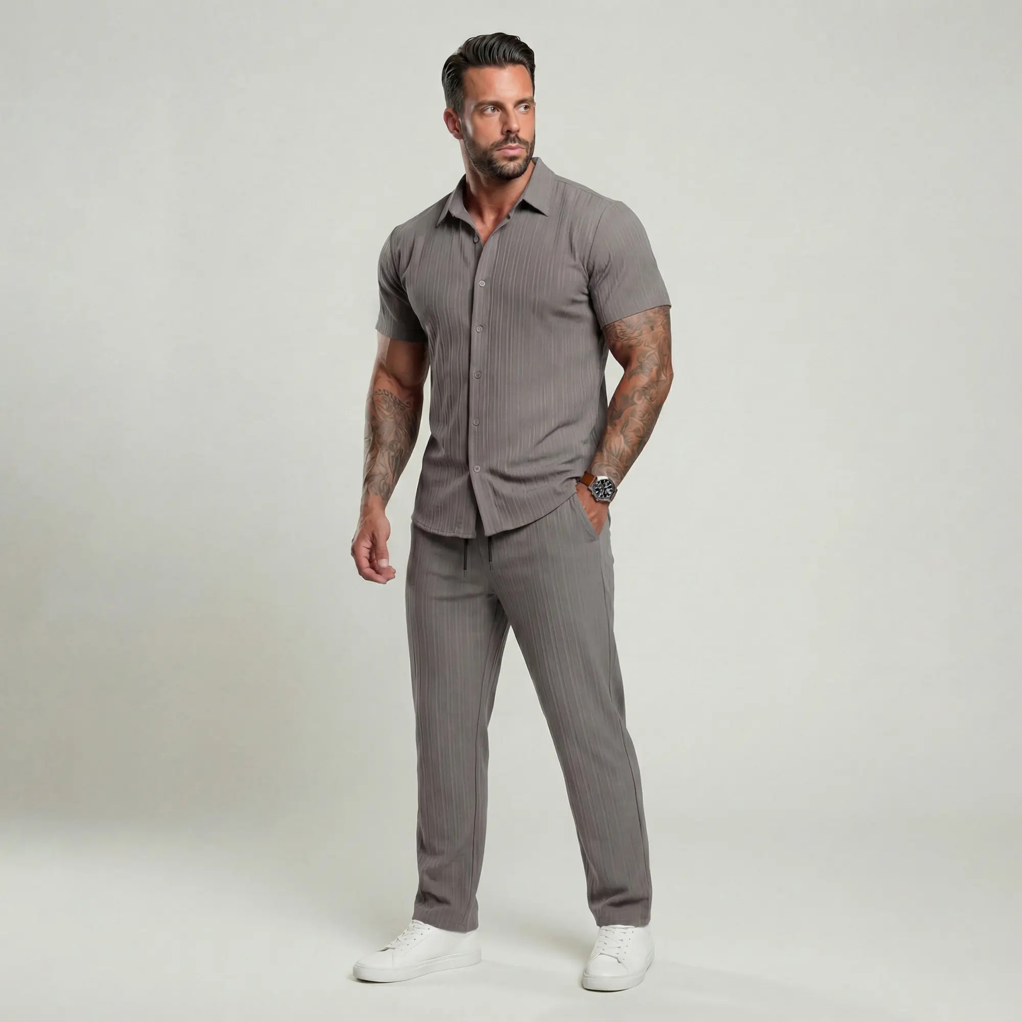 Men's Maroon Button-Front Shirt & Drawstring Pocket Trousers Set
