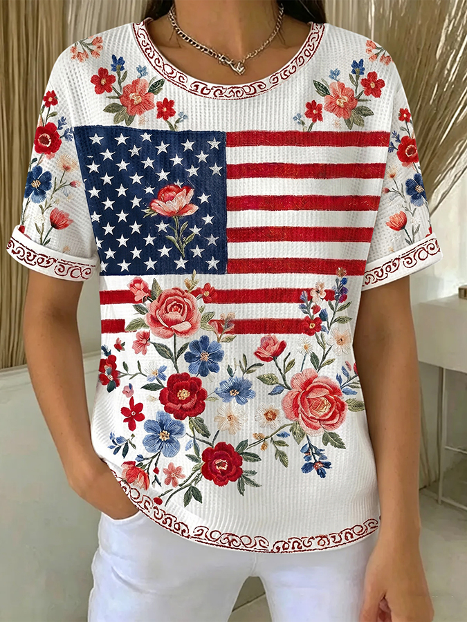 Women'S Casual Waffle American 250 Founding Celebration Round Neck Short Sleeved T-Shirt