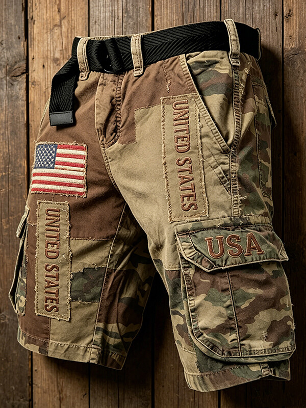 Men's American Flag Patchwork USA Anniversary Art Print Denim-Like Casual Shorts