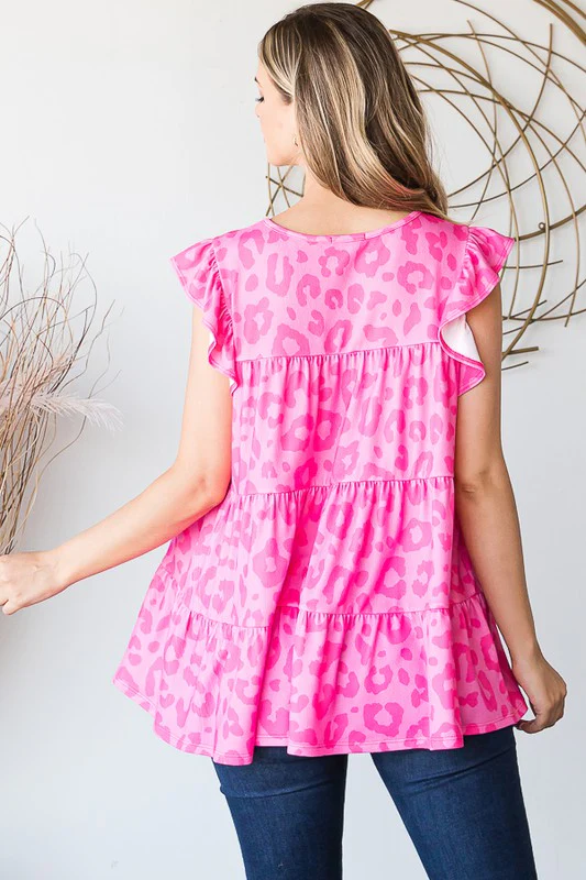 Tiered Leopard Round Neck Blouse with Ruffled Detail