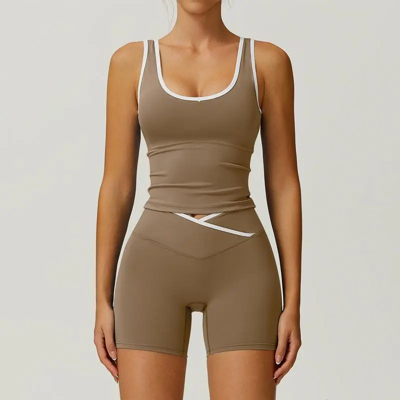Color-Blocked Halter Crop Tube Top & Mid-Rise Shorts Set