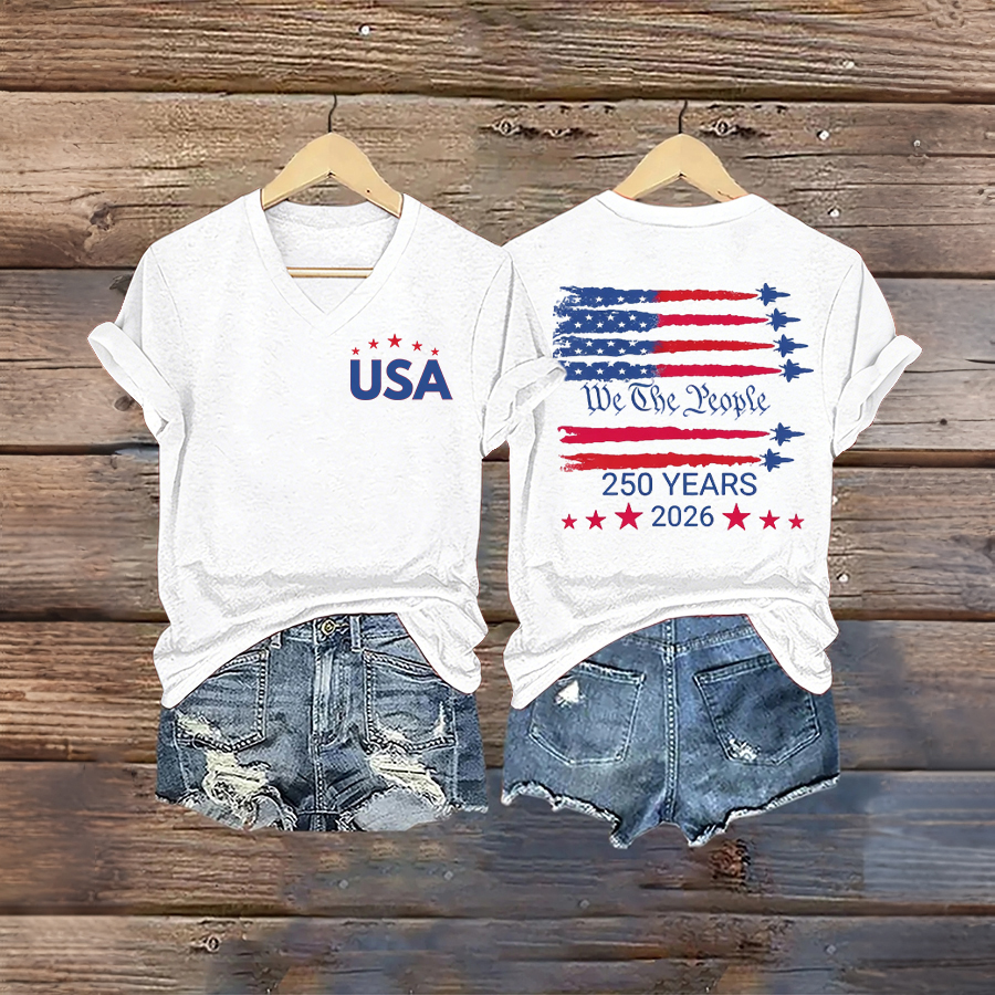 Women'S Casual Flag Printed V-Neck T-Shirt