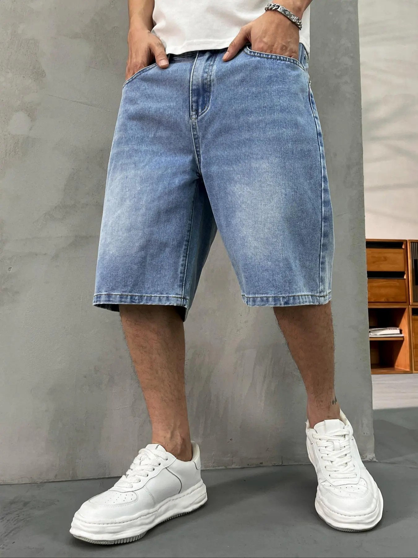 Men's washed retro color denim shorts, trendy, versatile, loose straight-leg casual streetwear denim five-point pants