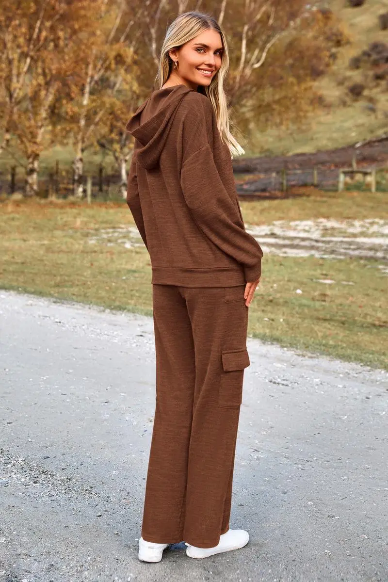 Women's Fall Knitted Hoodie Tracksuits Wide Leg Pants With Pocket Sets