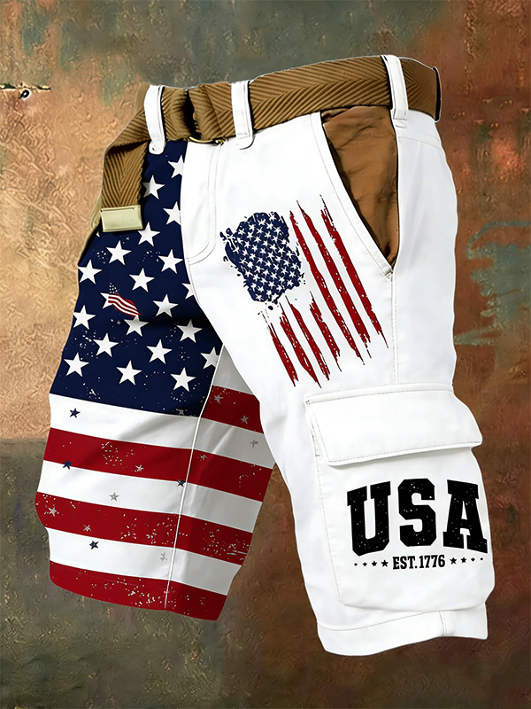 Men's USA Flag Printed Casual Cargo Shorts
