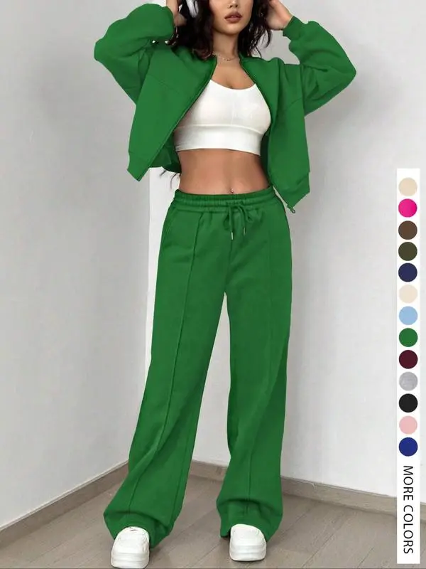 🔥Two-piece Set Women's Solid Zip Up Drop Shoulder Jacket & Pocket Elastic Waist Pants, Casual Fashion Cozy Breathable Two Piece Outfits for Daily Outdoor Wear, Ladies Clothes for All Seasons