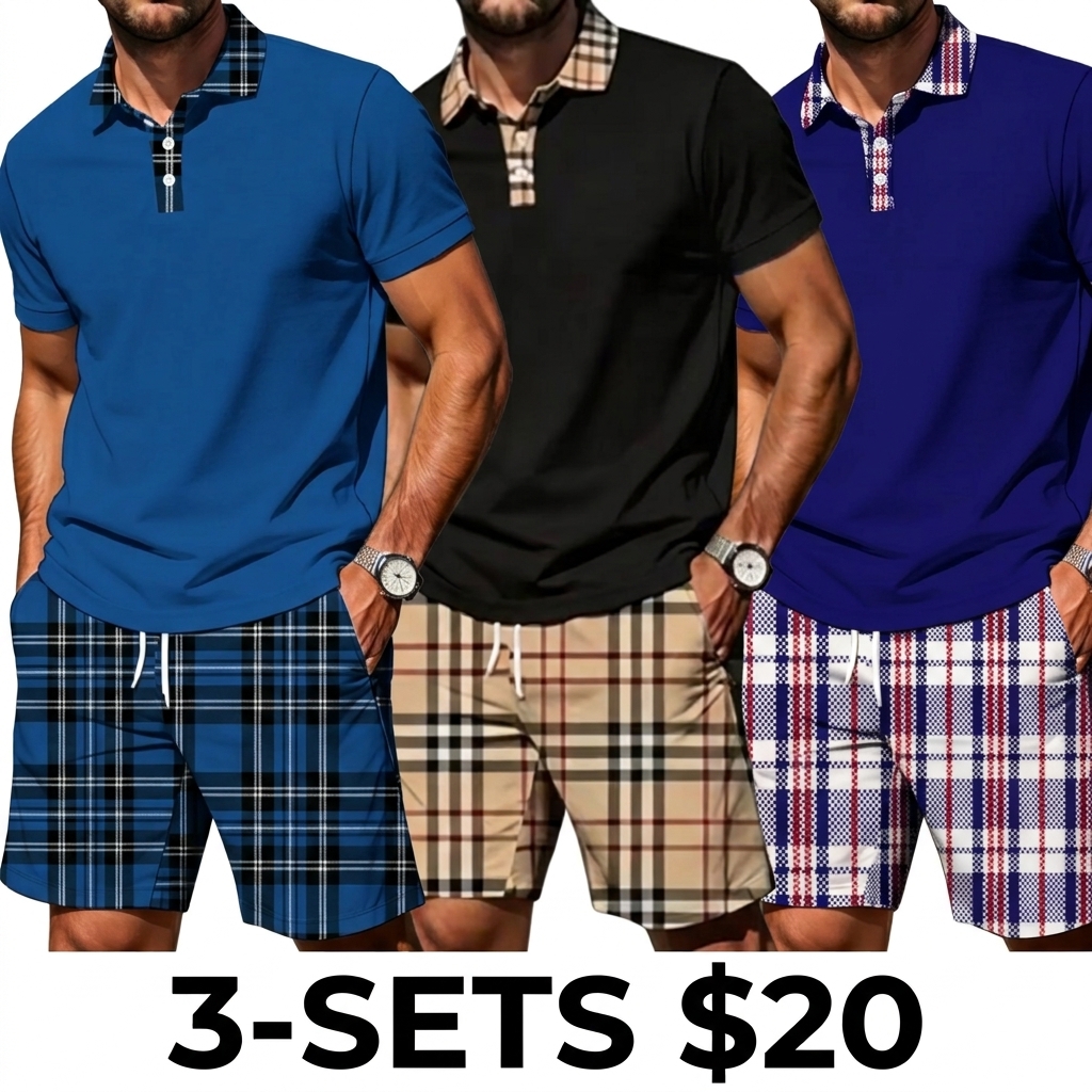 Men's Plaid Patchwork 2-Piece Summer Set – Polo Shirt & Matching Shorts, Casual Drawstring Waist with Pockets