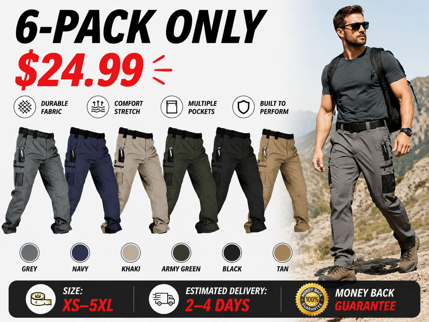 Men's solid color tactical work pants, multiple pockets - 6-pack
