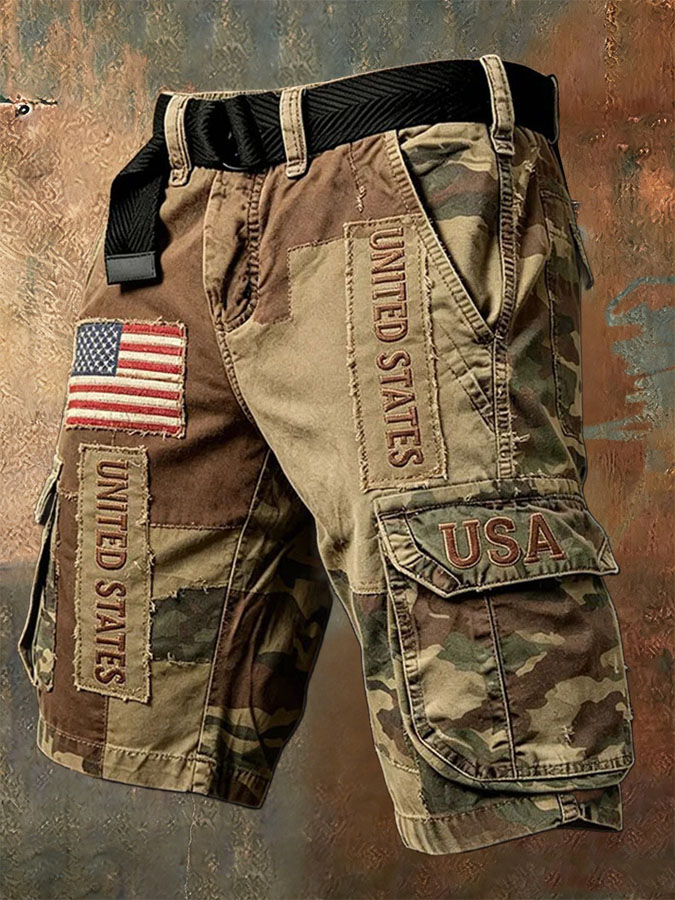 Men'S Retro American Flag Independence Day Multi Pocket Printed Workwear Shorts (Without Waistband)