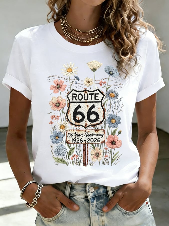 Women's Route 66 Centennial Floral Print Casual T-shirt