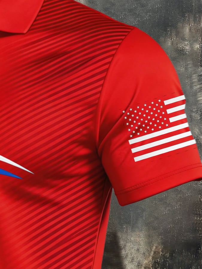 Men's Retro Patriotic Color-Block Short-Sleeve Polo Shirt