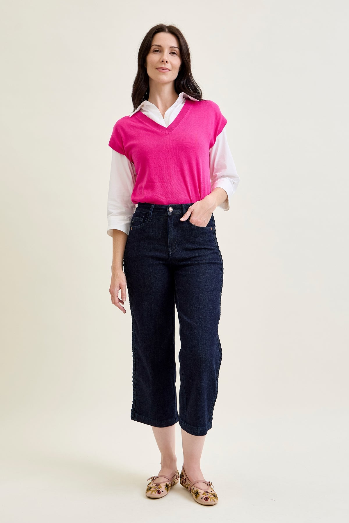 Dottie Side Seam Braid Cropped Wide Leg Jeans