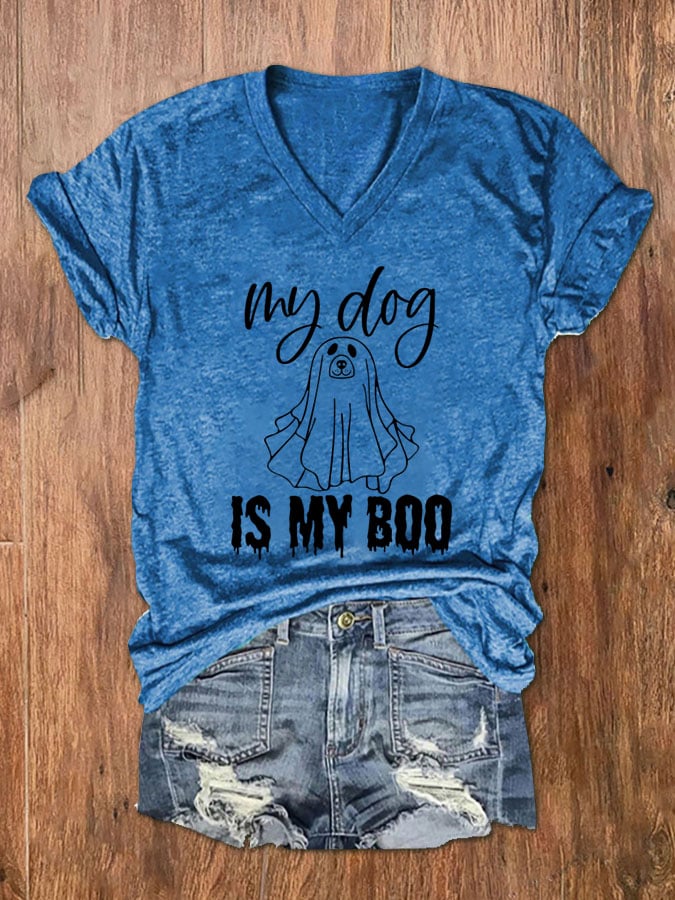 Women's My Dog Is My Boo Halloween Dog Print V-Neck T-Shirt