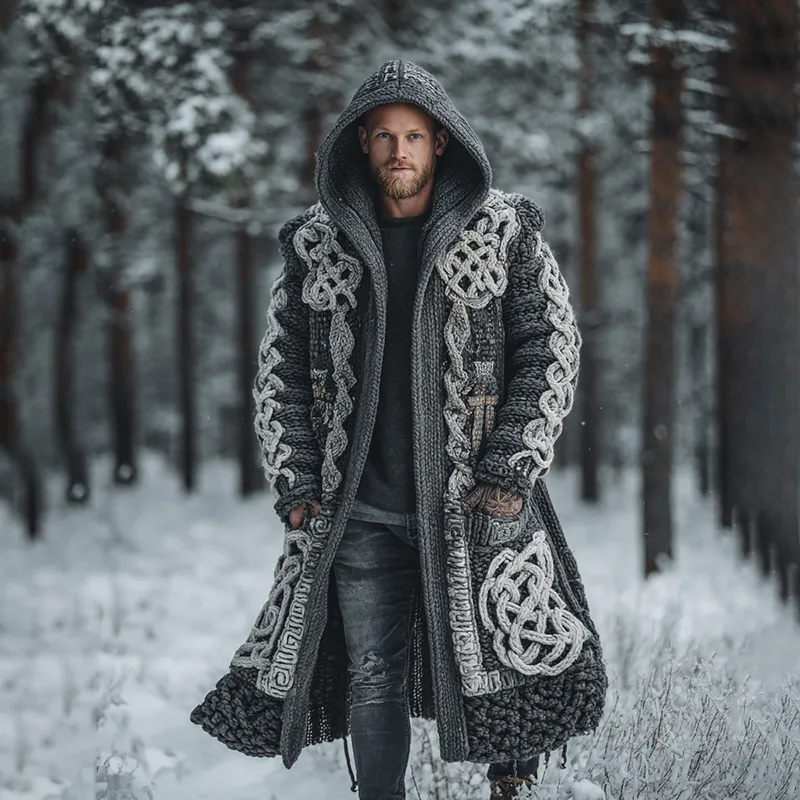 Men's Viking Intricate Celtic Knot Colorblock Pocket Mid-length Cardigan Sweater