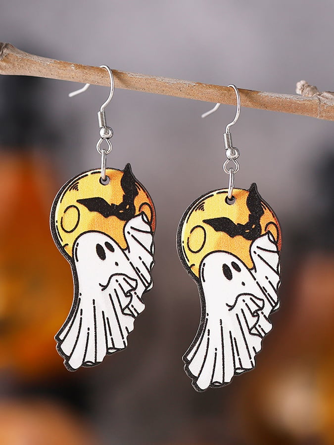 Halloween Funny Ghost Pendant Wooden Double-Sided Earrings